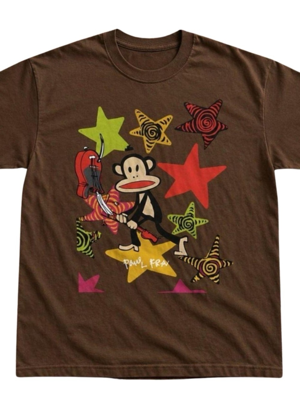 Gildan Brown Tee with Colorful Star & Monkey Graphic